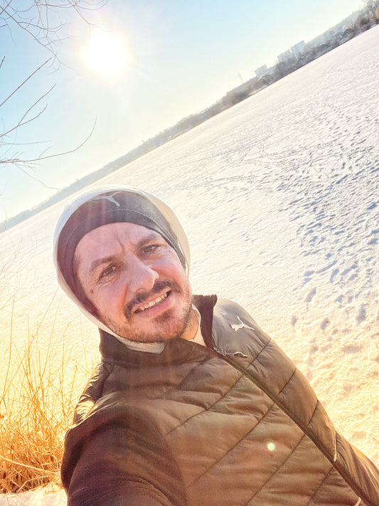 Amichai Teumim standing in the snow in Kharkiv, Ukraine, before the full-scale Russian invasion