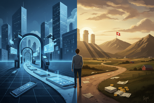 A person stands at a crossroads between a modern digital city filled with surveillance technology and a landscape representing freedom and national sovereignty, symbolizing the tension between convenience and liberty.