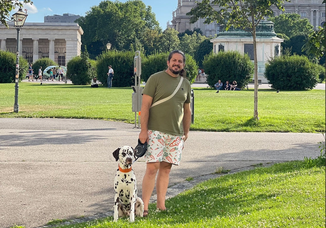 Amichai Teumim with his dog outside.