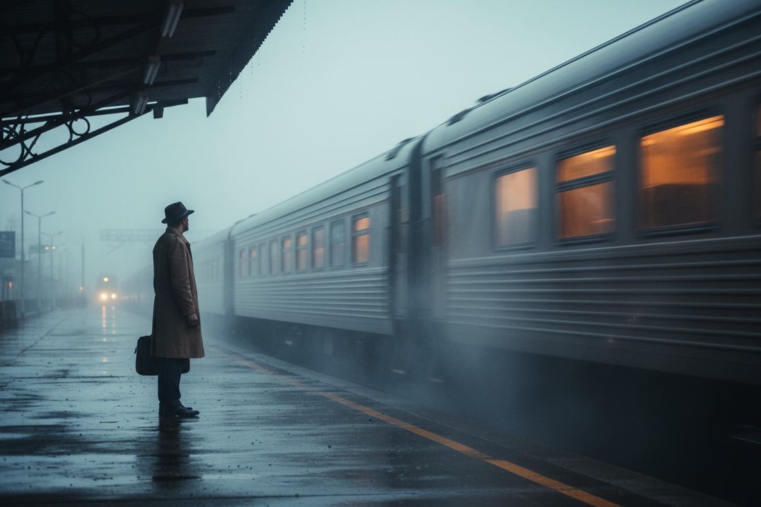 a lone traveler at a station watching a train pass by